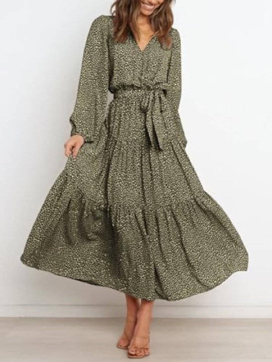 PrettyGarden Dresses & Skirts - Long Sleeve Olive Floral Tiered Maxi Dress with V-Neck